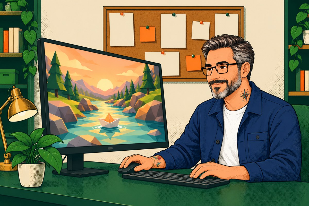 Illustration for the BUILD guide: the Hold My GPU host at his counter